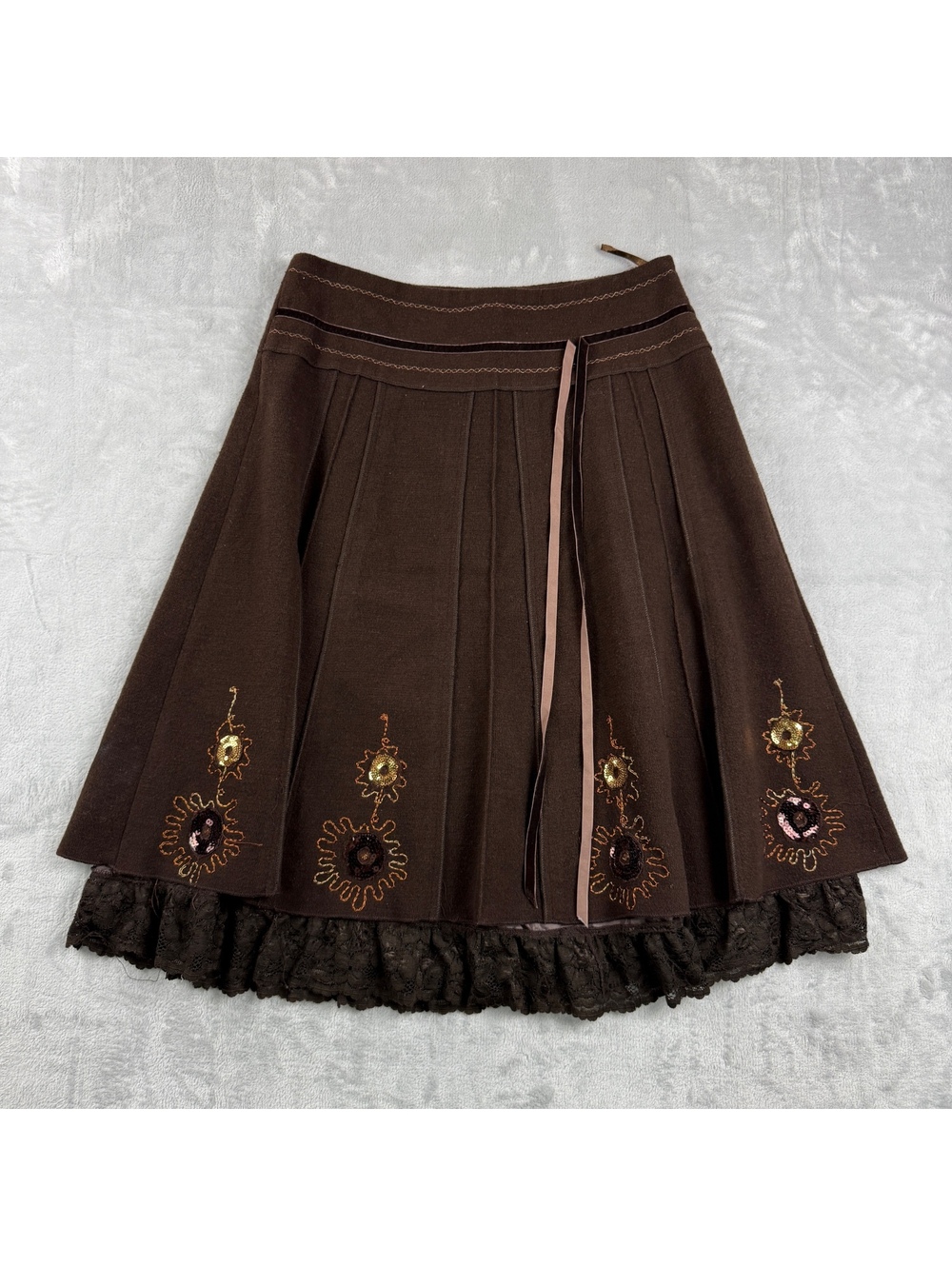 Layavi Womens Brown Wool Blend Midi Skirt Embroidered Sequin Lace Pleated Boho L